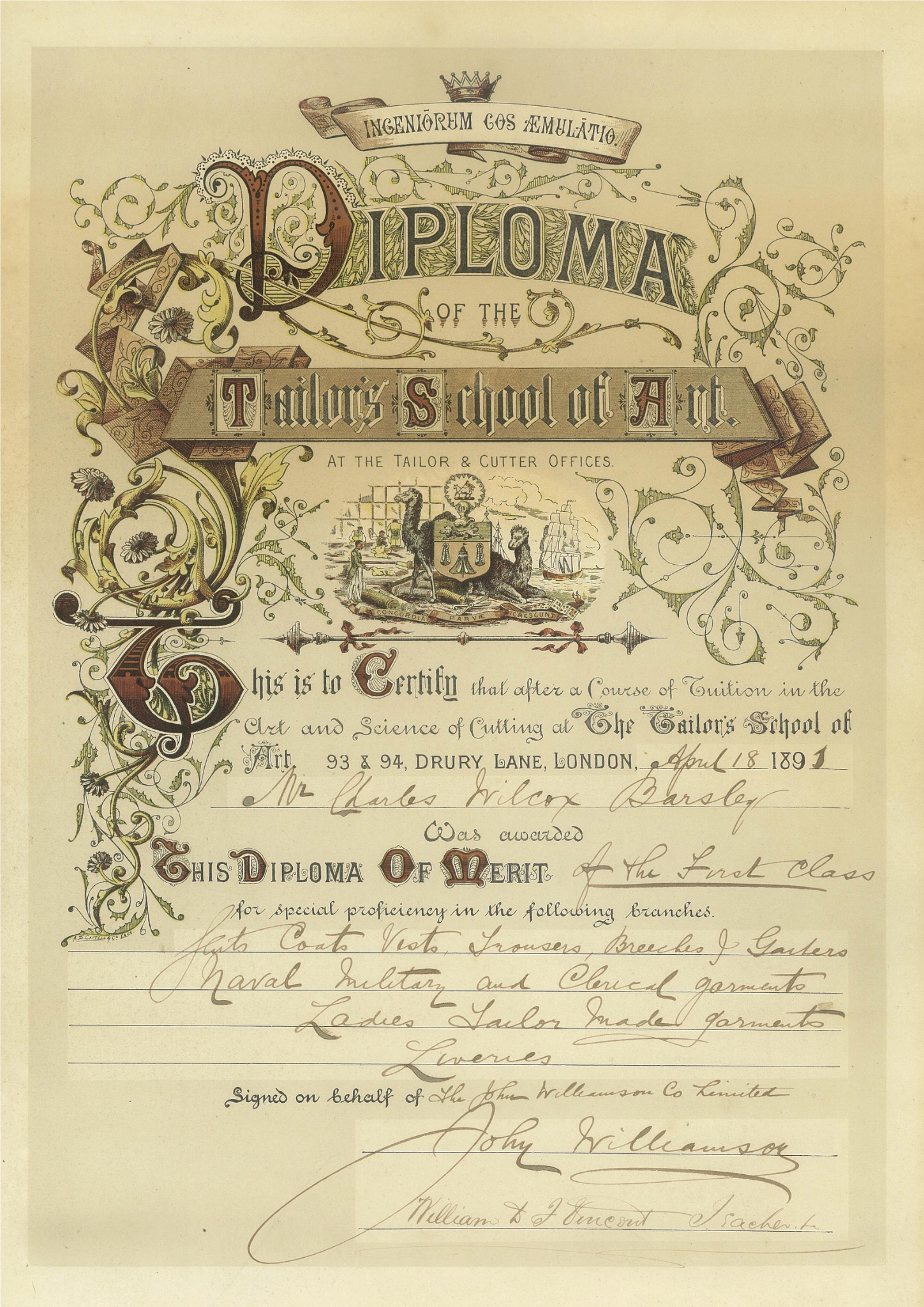 Charles Barsley’s 1891 Tailoring School of Art diploma